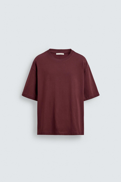 ZARA ФУТБОЛКА СВОБОДНОГО КРОЯ С ВЫШИВКОЙ, БОРДОВЫЙ/ЭКРЮ