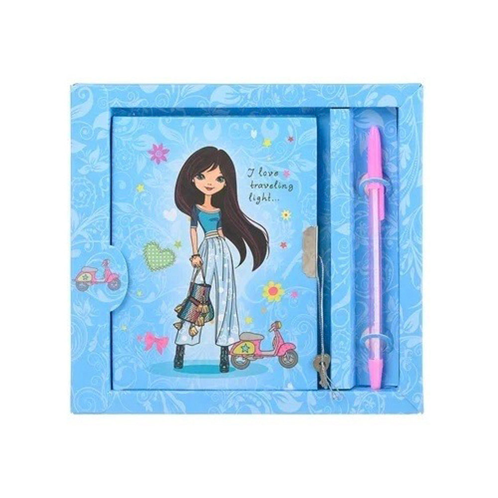 Блокнот детский Basir на замке, с ручкой, формат А6, серия "Девочка", переплет 7БЦ, 15*11 см, 48 листов, 4 цвета ассорти