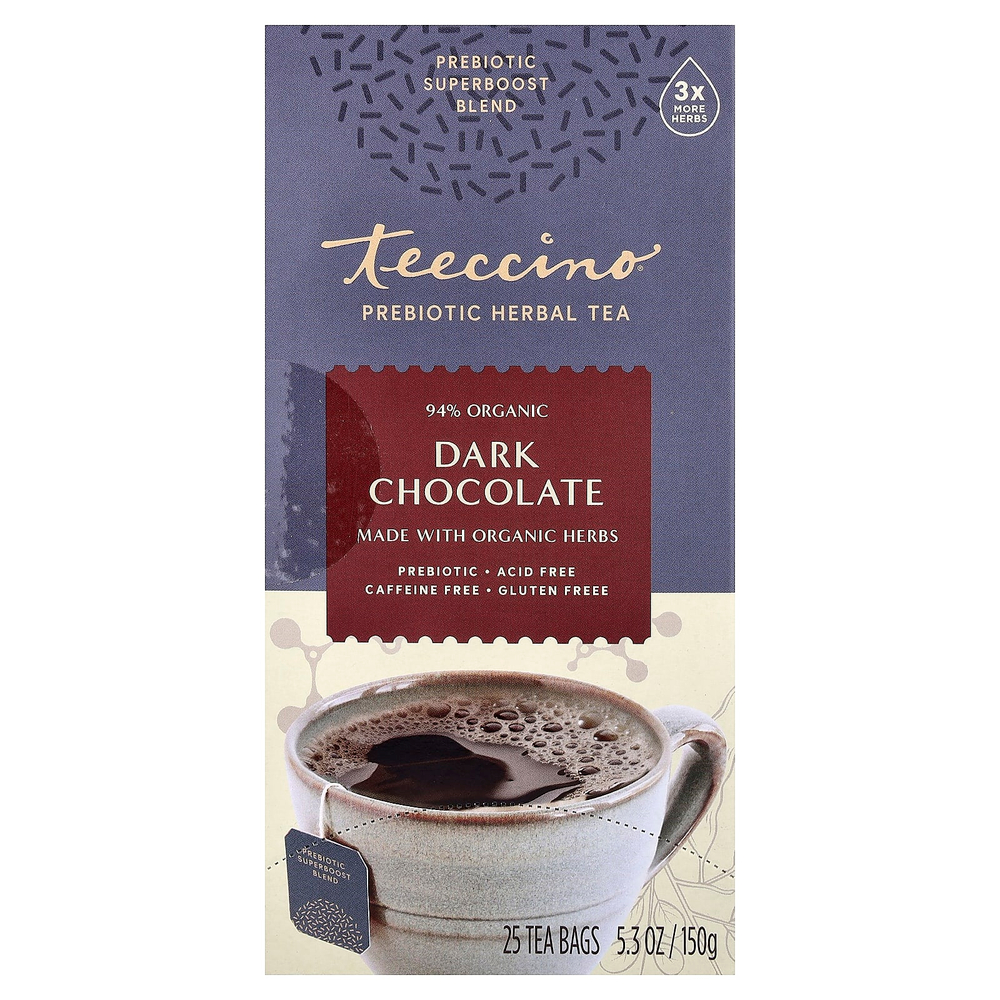 Teeccino, Травяной чай с пребиотиками, темный шоколад, без кофеина, 25 чайных пакетиков, 150 г (5,3 унции)
