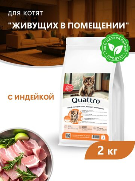 Корм сухой для котят живущих в помещении, с индейкой, 2кг, QUATTRO