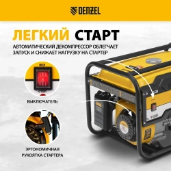 Генератор бензиновый DENZEL PS-28, 2.8 кВт и 212 см3 объем двигателя, 230 В, 15 л объем топливного бака, ручной стартер и блок AVR, 2 розетки 16 А и выход постоянного тока 12 В/USB 5В 946824