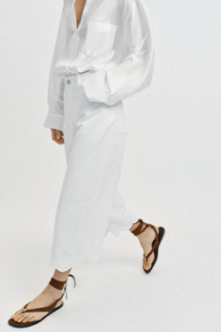 ZARA БРЮКИ КЮЛОТЫ С АЖУРНОЙ ВЫШИВКОЙ, БЕЛЫЙ