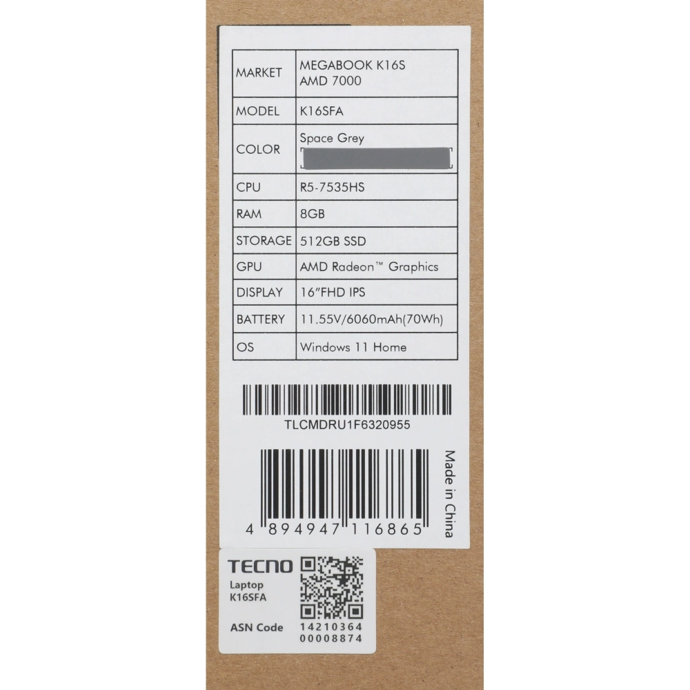 Ноутбук Tecno MegaBook K16SFA 16" IPS Ryzen 5 7535HS 8Gb/512Gb SSD Win 11 Home серый (71005000518)