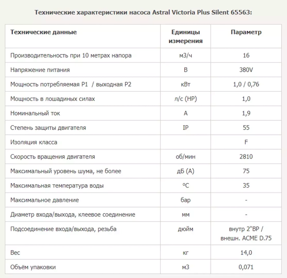 Насос для бассейна до 64 м³ с предфильтром - 16 м³/ч, 0.76кВт, 380В, подкл. Ø50мм - Victoria Plus Silent - 65563 - AstralPool, Испания