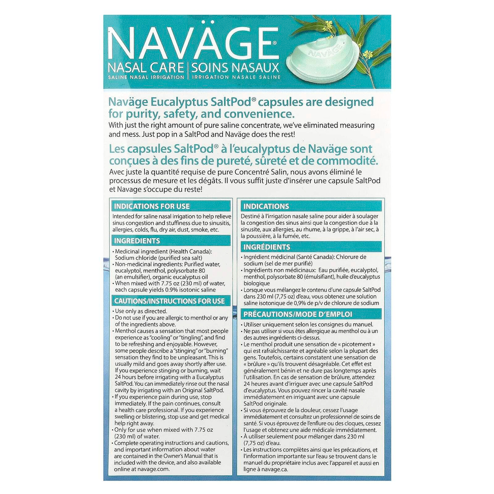 Navage, Nasal Care, солевой раствор для промывания носа, SaltPod®, эвкалипт, 30 капсул с солевым концентратом