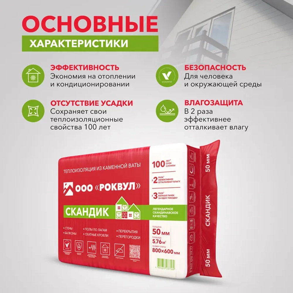 Утеплитель Роквул Лайт Баттс Скандик 800х600х50 мм