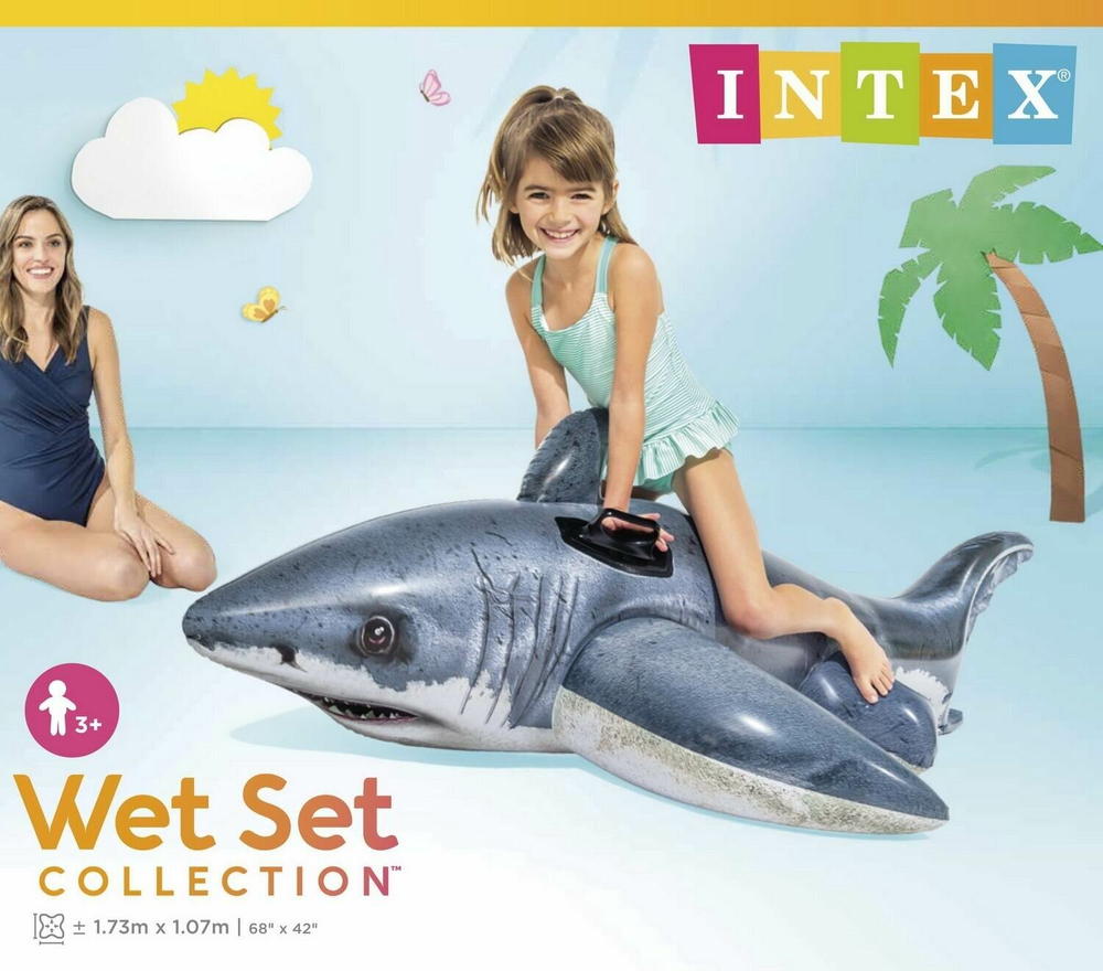 Плот надувной для плавания с ручками Intex Белая акула 173х107 см, серый, 57525