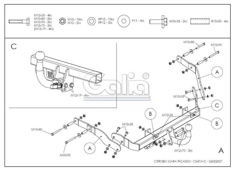 Фаркоп оцинкованный Galia C047A для Citroen Xsara Picasso 2000-2010(паспорт и сертификат в комплекте)(без электрики)