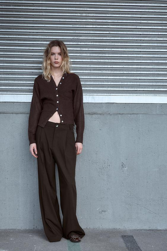 ZARA БРЮКИ С ДВОЙНЫМИ ЗАЩИПАМИ, ШОКОЛАДНО-КОРИЧНЕВЫЙ