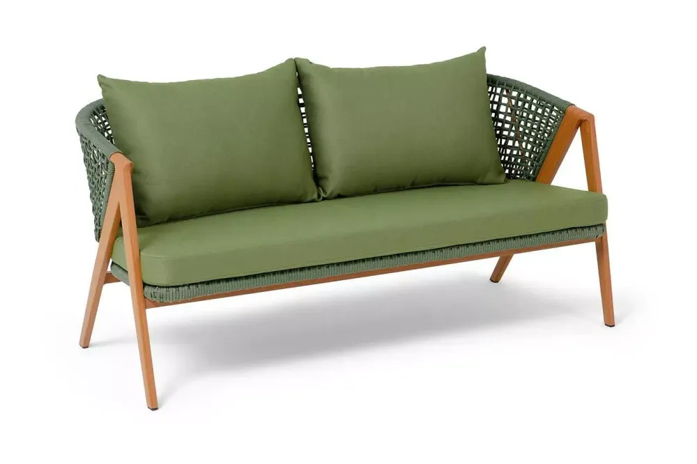 "Амстердам" диван 2-местный плетеный из роупа, каркас алюминий, роуп зеленый круглый, ткань зеленая