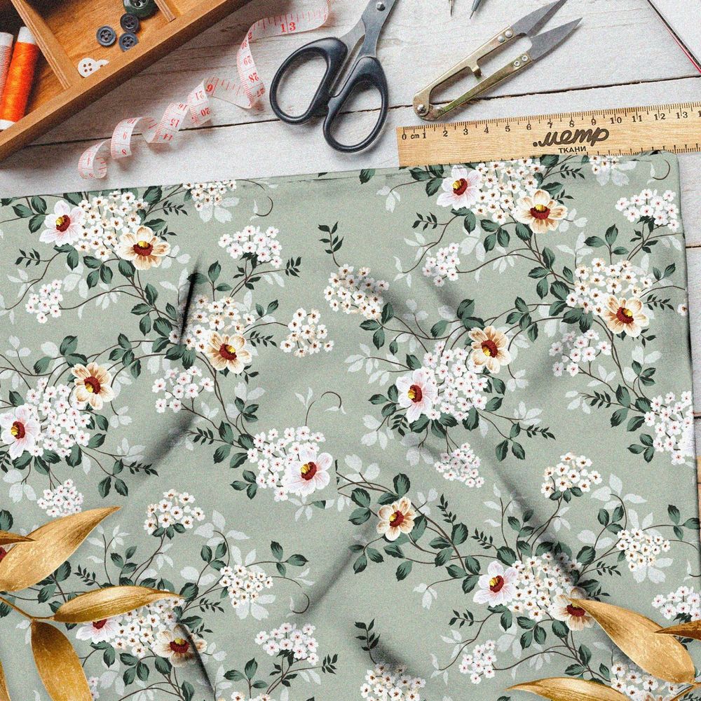 Ткань блэкаут цветы Невеста на бирюзовом