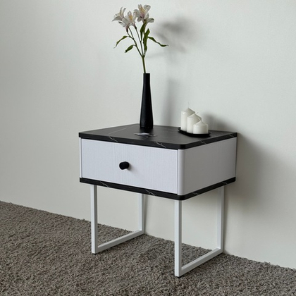 Тумба прикроватная на ножках ROYAL 5301 эко (Мрамор Неро-Белый-р.черная)