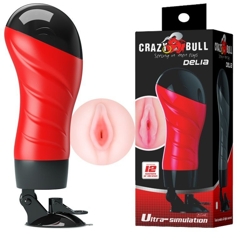 Мастурбатор-вагина Delia с вибрацией и присоской (Цвет: красный с черным)