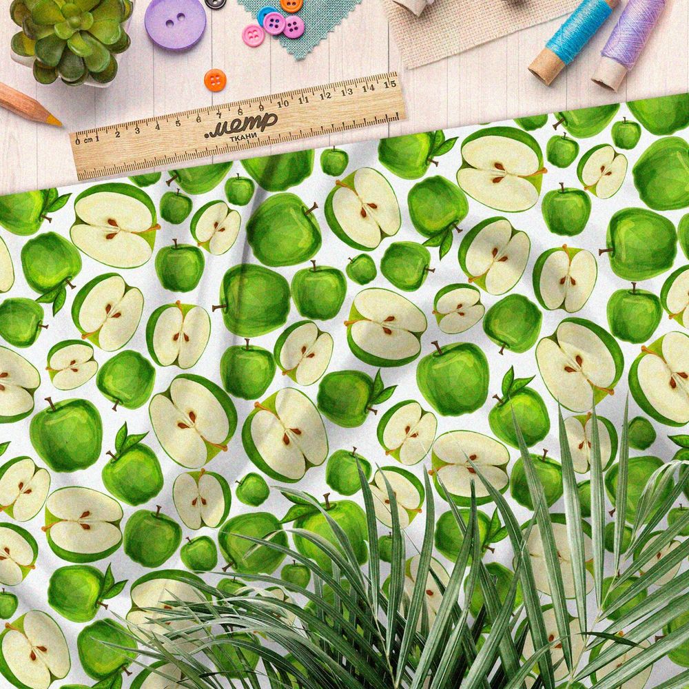 Ткань муслин сочные зелёные яблоки на белом фоне