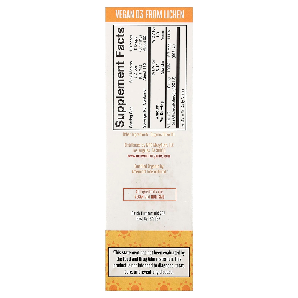MaryRuth's, органический витамин D3 в форме капель для младенцев и малышей, от 6 месяцев, без ароматизаторов, 15 мл (0,5 жидк. унции)