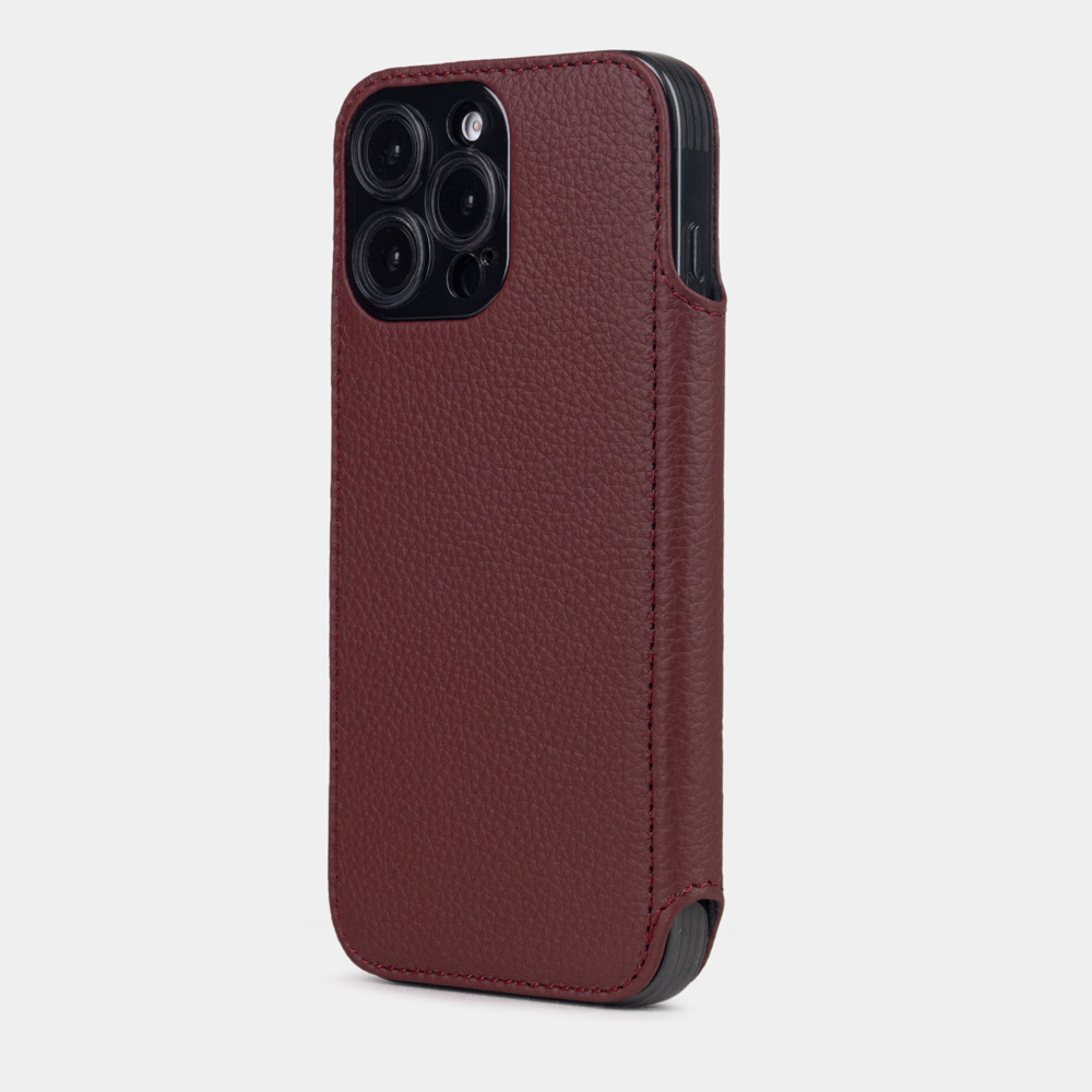 Чехол-книжка кожаная для iPhone 16 Pro, теленок бордового цвета