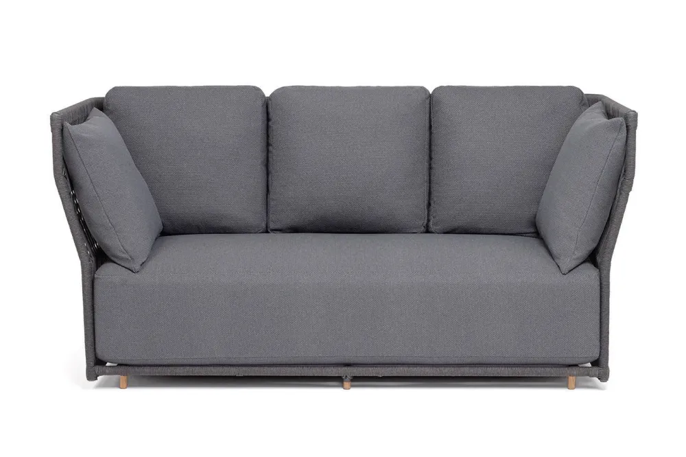 "Лугано" диван 3-местный плетеный из роупа, каркас алюминий темно-серый (RAL7024) муар, роуп темно-серый круглый, ткань темно-серая YB25-0027