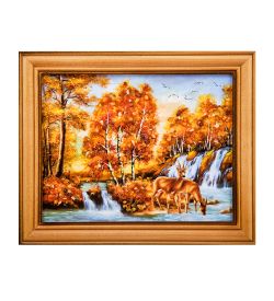 AMB-74/53 Картина «Олени на водопое» (с янтарной крошкой) дер.краш.рамка 12х15