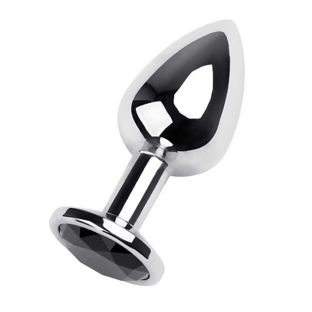 Серебристая анальная пробка 9,5см с чёрным кристаллом ToyFa Metal 717095-5