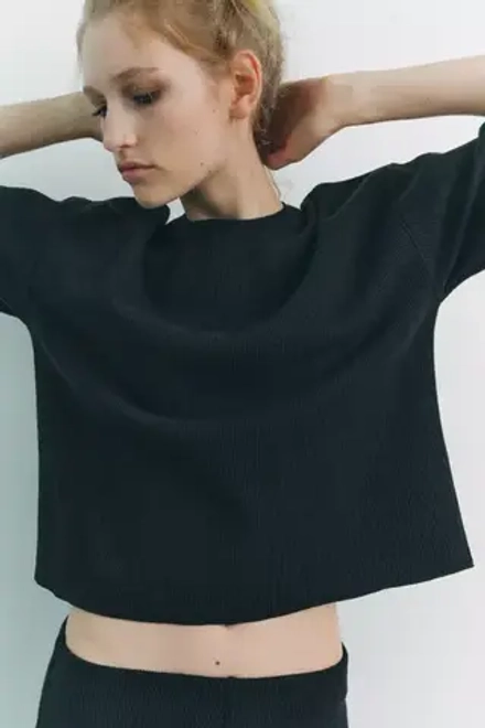 ZARA ФУТБОЛКА ИЗ МЯГКОЙ ТКАНИ В РУБЧИК, ЧЕРНЫЙ