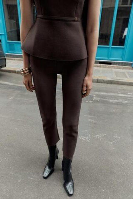 ZARA ТРИКОТАЖНЫЕ БРЮКИ ПРЯМОГО КРОЯ, ШОКОЛАДНЫЙ