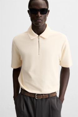 ZARA ПОЛО С РЕЛЬЕФНЫМ УЗОРОМ И ЗАСТЕЖКОЙ-МОЛНИЕЙ, ЭКРЮ