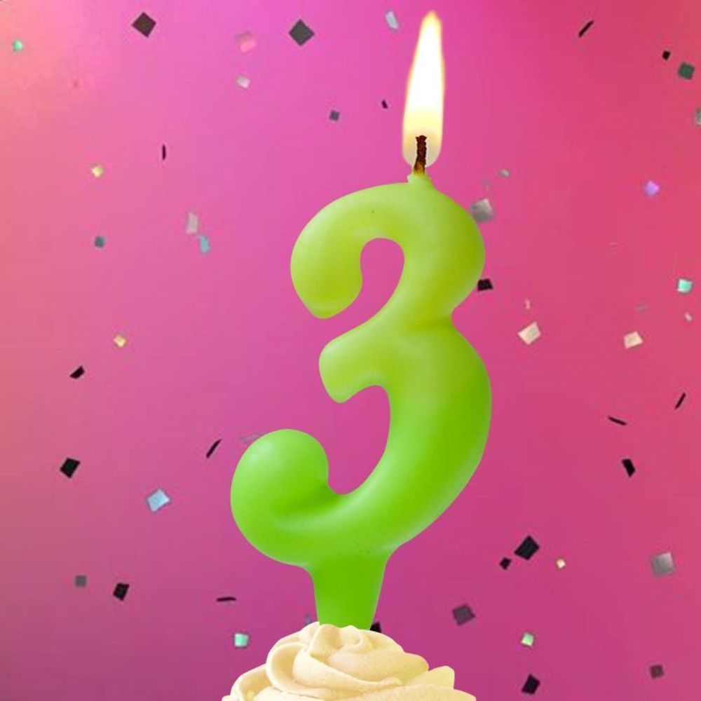 Свеча Цифра, 3 Люминесцентная, Флуор, 8 см, 1 шт.