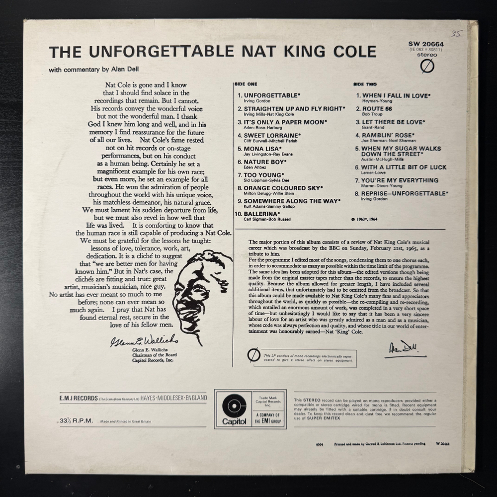 Nat King Cole ‎– The Unforgettable Nat King Cole (Англия 1965г.) Promo