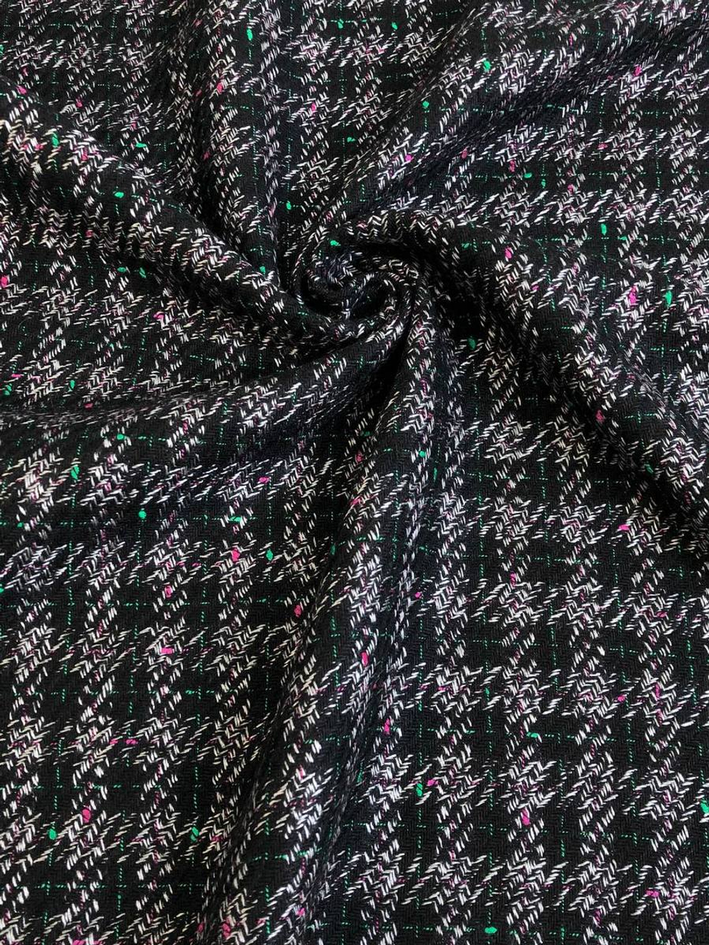 Костюмная шерсть принт клетка, черный, молочный