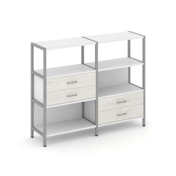 Shelf System Двухсекционный стеллаж трехярусный с ящиками SN.STM-323 Белый/Дуб Наварра/Металл Серый