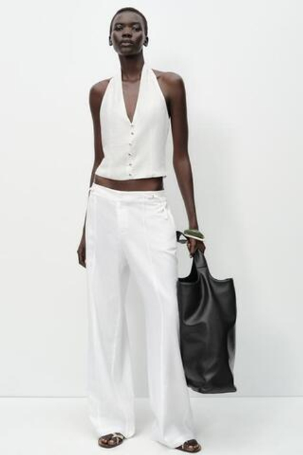 ZARA ШИРОКИЕ БРЮКИ С ПРЯЖКАМИ ИЗ ЛЬНА, БЕЛЫЙ