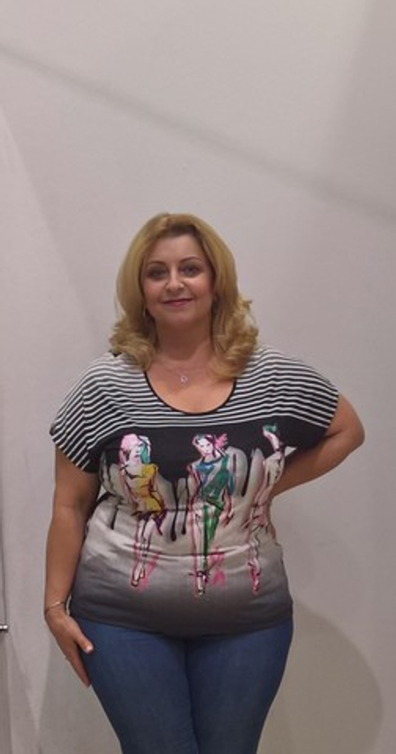 Комбинированный яркий летний блузон с принтом "модели"