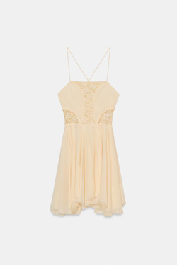 ZARA КОРОТКОЕ ПЛАТЬЕ ГОДЕ С КРУЖЕВОМ, ЭКРЮ