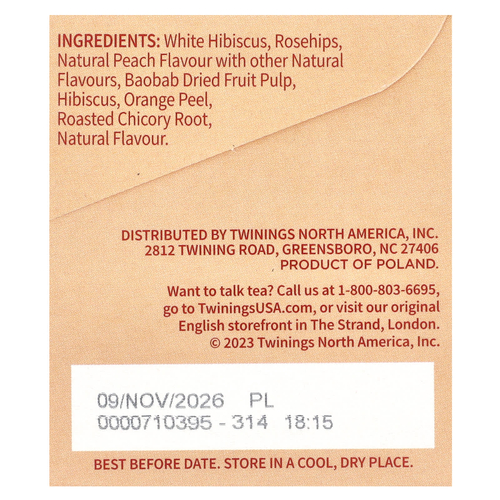 Twinings, ароматизированный травяной чай, персик и апельсин, без кофеина, 20 чайных пакетиков, 50 г (1,76 унции)