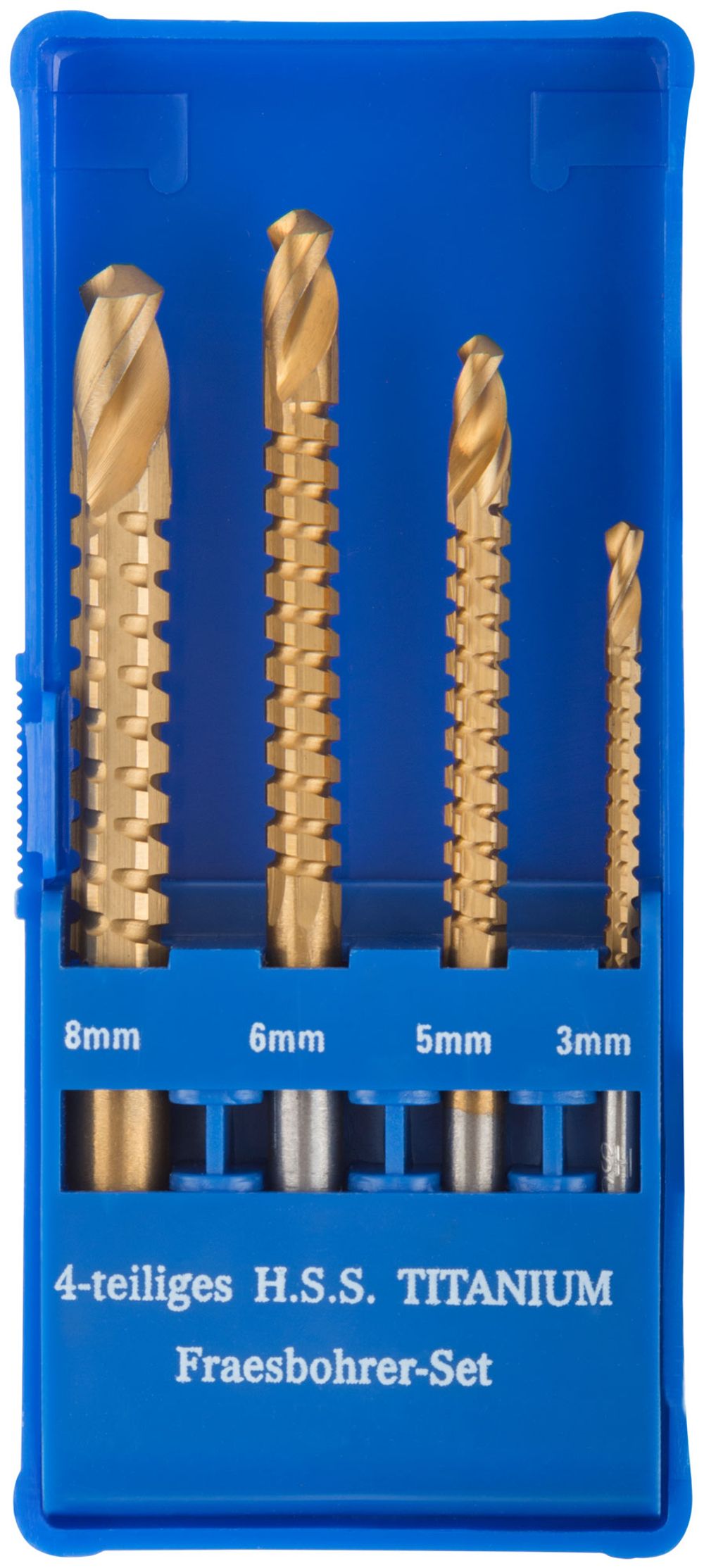 Сверла-фрезы универсальные титановое покрытие, набор 4 шт. (3; 5; 6; 8 мм), 36414