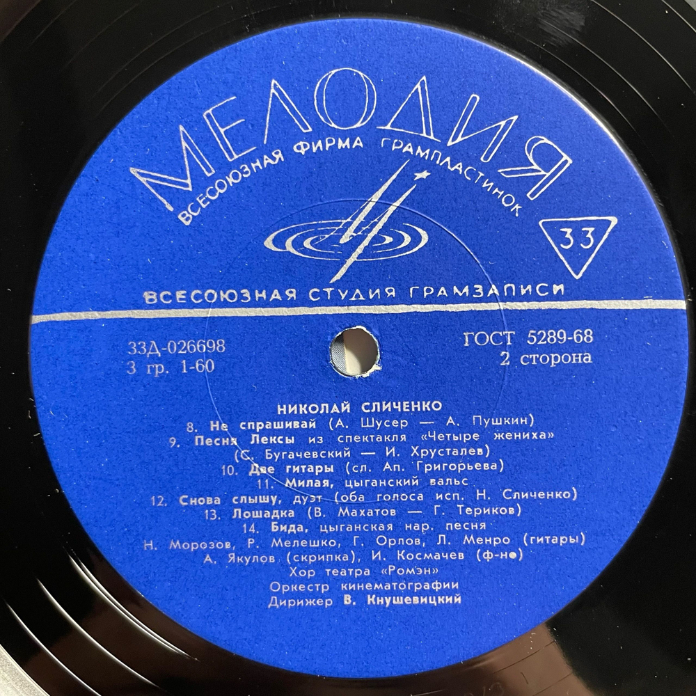 Винтажная виниловая пластинка LP Николай Сличенко, Поет Николай Сличенко. Цыганские Народные Песни И Романсы (СССР 1969)