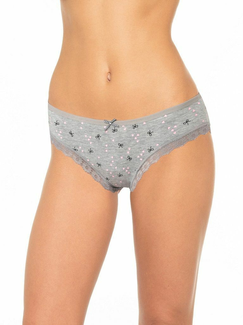 Трусики-слипы с кружевной оторочкой и принтом в виде бантиков и сердечек (Размер: S) (Цвет: серый)