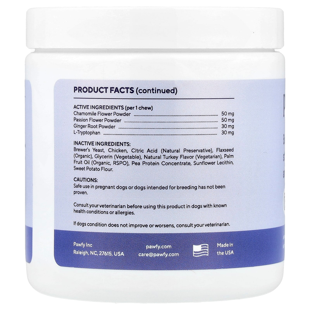 Pawfy, Успокаивающее, для собак, для детей старше 6 месяцев, для индейки, прибл. 45 жевательных таблеток, 113 г (4 унции)