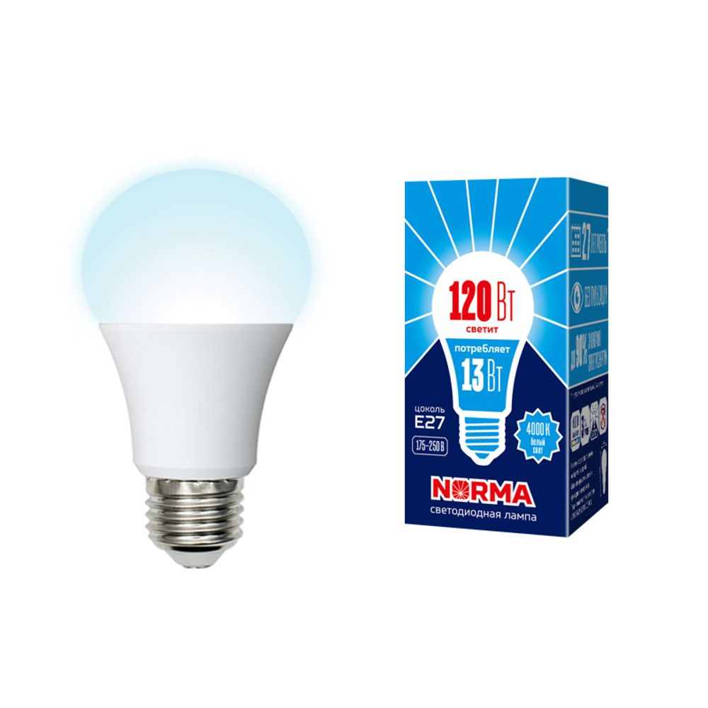 LED-A60-13W-NW-E27-FR-NR Лампа светодиодная. Форма A. матовая. Серия Norma. Белый свет 4000K. Картон. ТМ Volpe