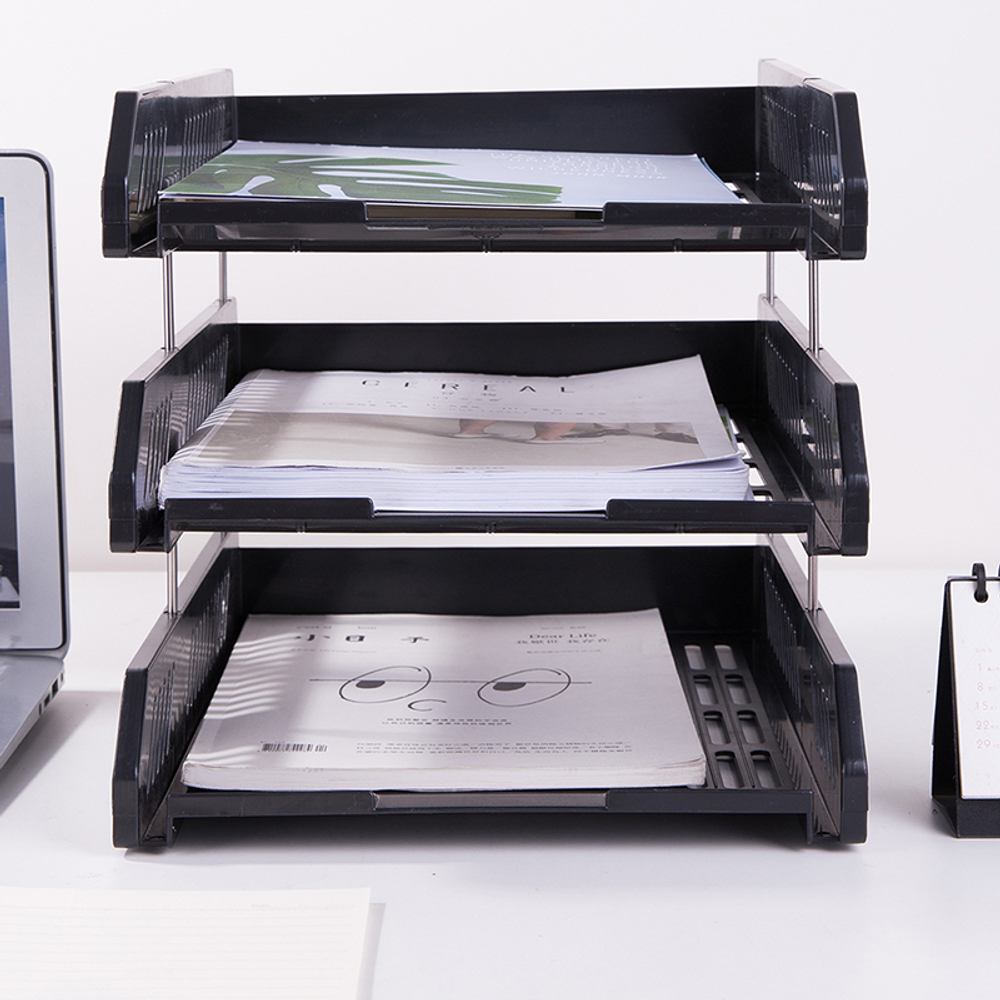 Лоток горизонтальный DELI, 3-х рядный,  пластик, черный