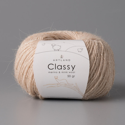 Classy, пряжа с люрексом и пайетками, шелк-5%, мериносовая шерсть-20%, нейлон-30%, норка-45%, 50 гр, 240 м, бежевый