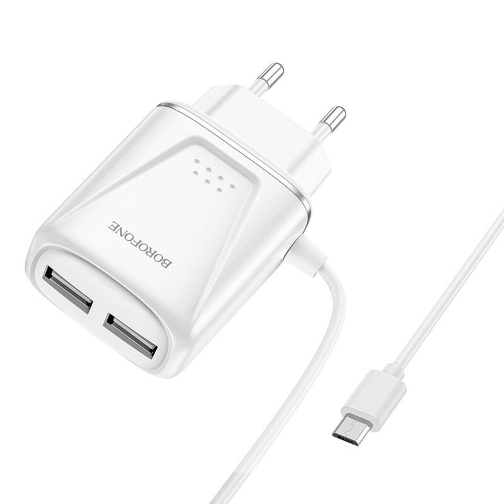 Сетевой адаптер питания BOROFONE BA50A 2USB 2.1A + встроенный кабель Micro Usb (белый)