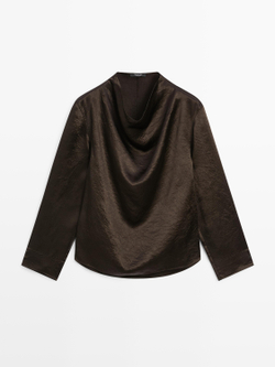 Massimo Dutti Струящаяся блузка с драпированным воротником, коричневый