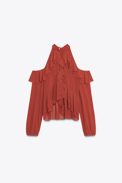 ZARA ТОП ХАЛТЕР С ВОЛАНАМИ, ТЕРРАКОТОВЫЙ