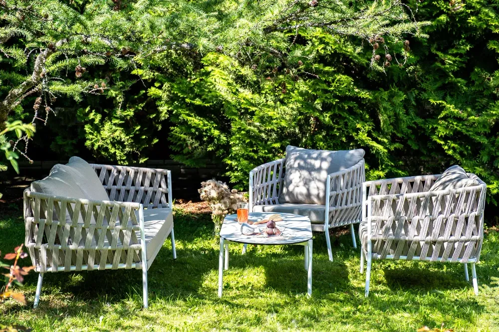 "Диего" лаунж-зона 4-местная плетеная из роупа (веревки), каркас алюминиевый белый, роуп бежевый