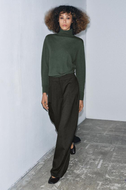 ZARA БРЮКИ-БАЛЛОНЫ ИЗ ТКАНИ «ЁЛОЧКА» ZW COLLECTION, КОРИЧНЕВЫЙ