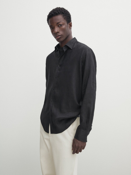 Massimo Dutti Рубашка классического кроя из 100% льна, черный