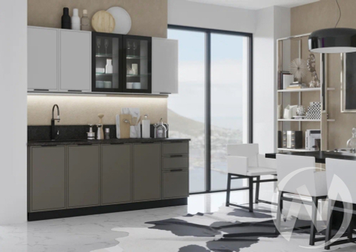 Кухня Николь 2;0м (графит/холст белый; холст вулканический/кастилло темный) Компоновка №1