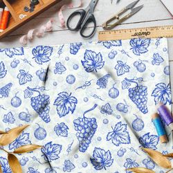 Ткань таффета нарисованная синей пастой смородина