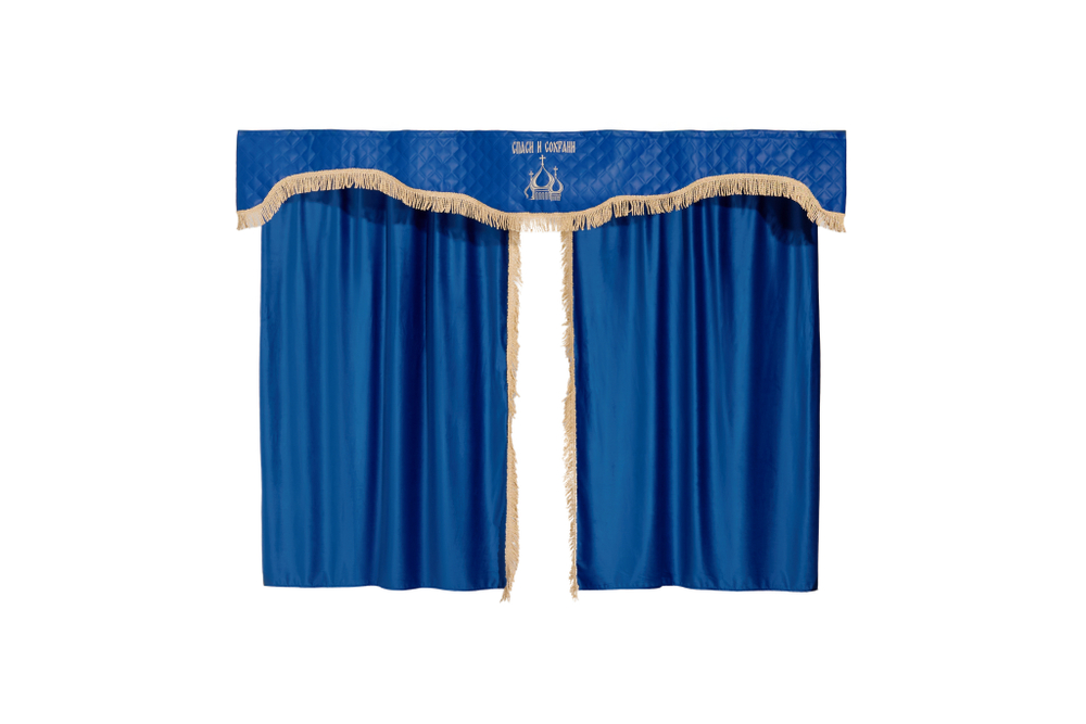 Шторы спального места с ламбрекеном в кабину грузовика. Ламбрекен из экокожи с вышивкой Спаси и Сохрани. Высота 1,5м, ширина одной стороны - 1,15м. Блэкаут, велюр. Синий цвет с бежевой бахромой